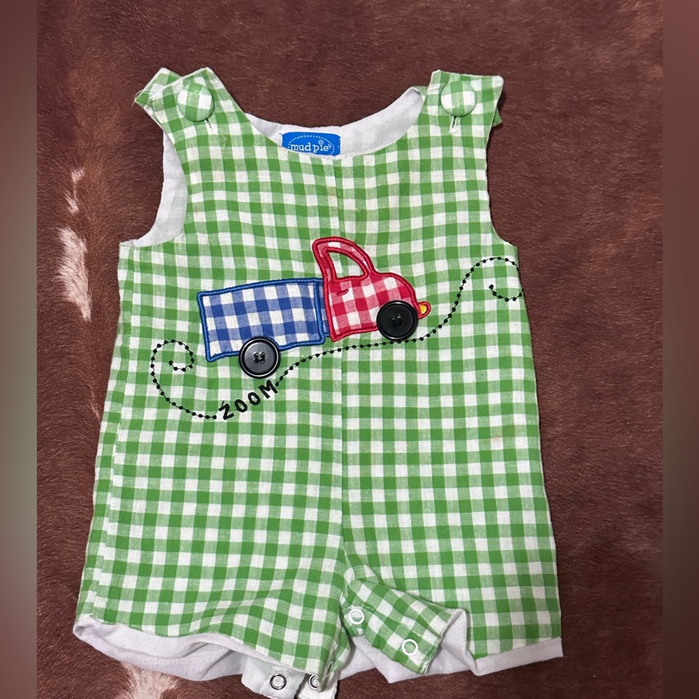 Mud Pie Overall Boys Green Plaid Truck